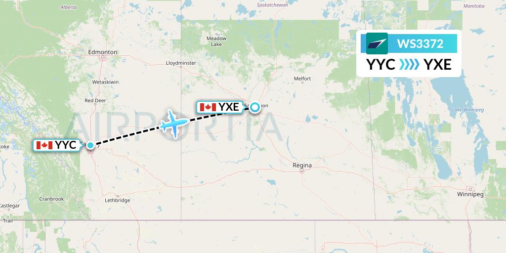 WS3372 WestJet Flight Map: Calgary to Saskatoon