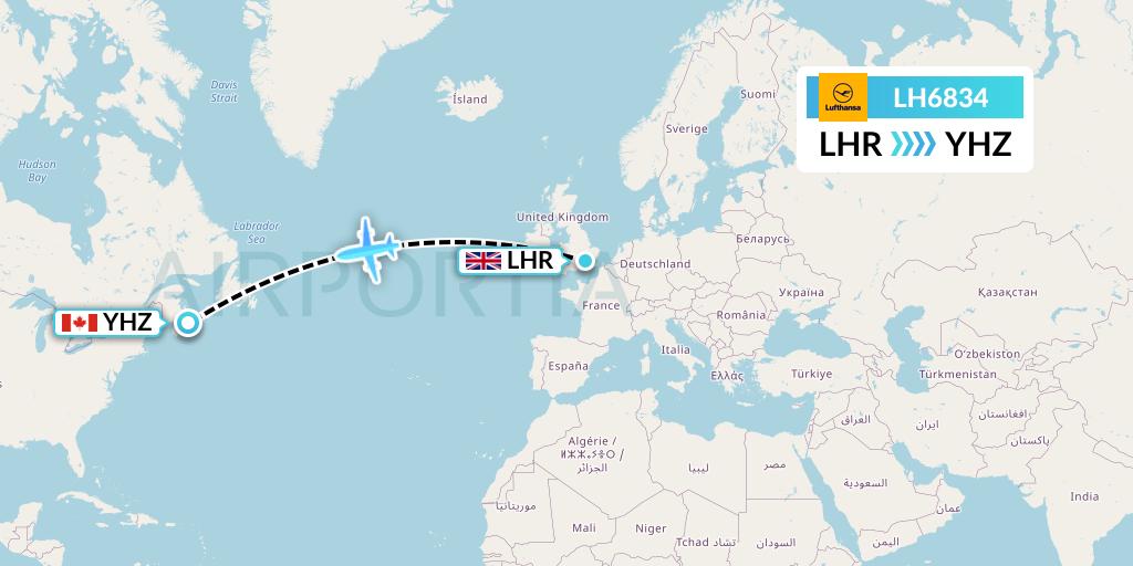 LH6834 Lufthansa Flight Map: London to Halifax