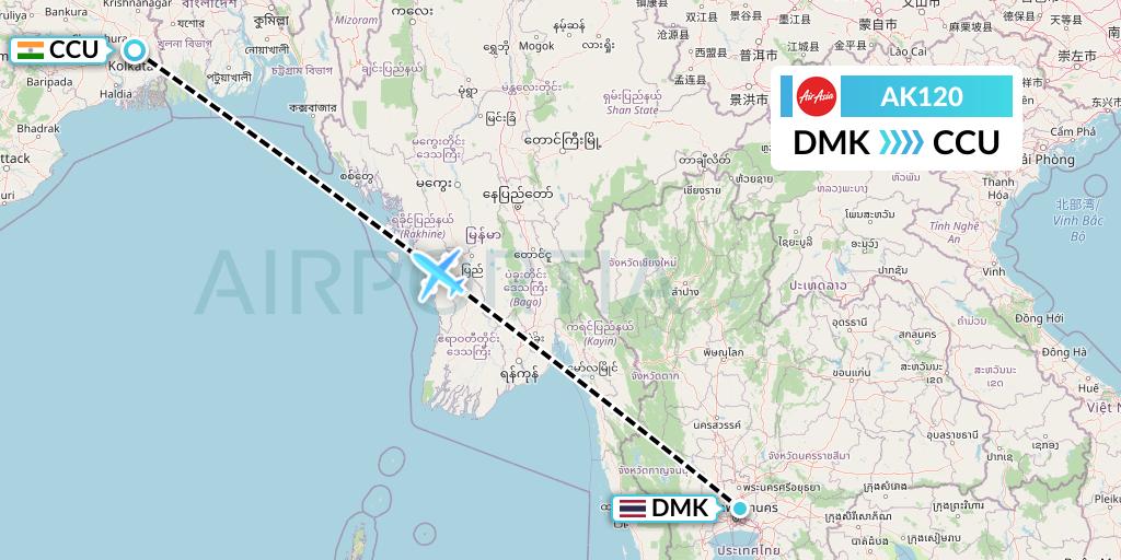 AK120 AirAsia Flight Map: Bangkok to Kolkata