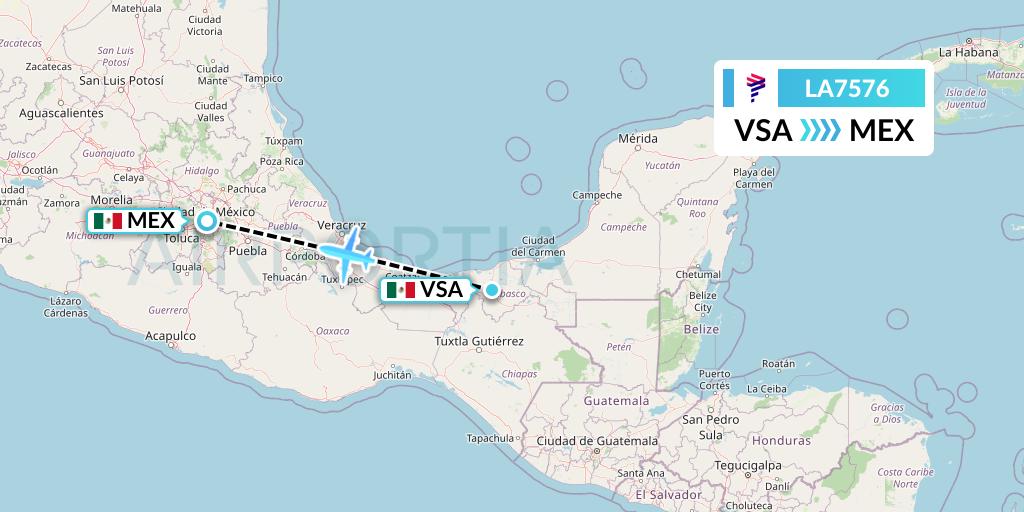 LA7576 LAN Airlines Flight Map: Villahermosa to Mexico City