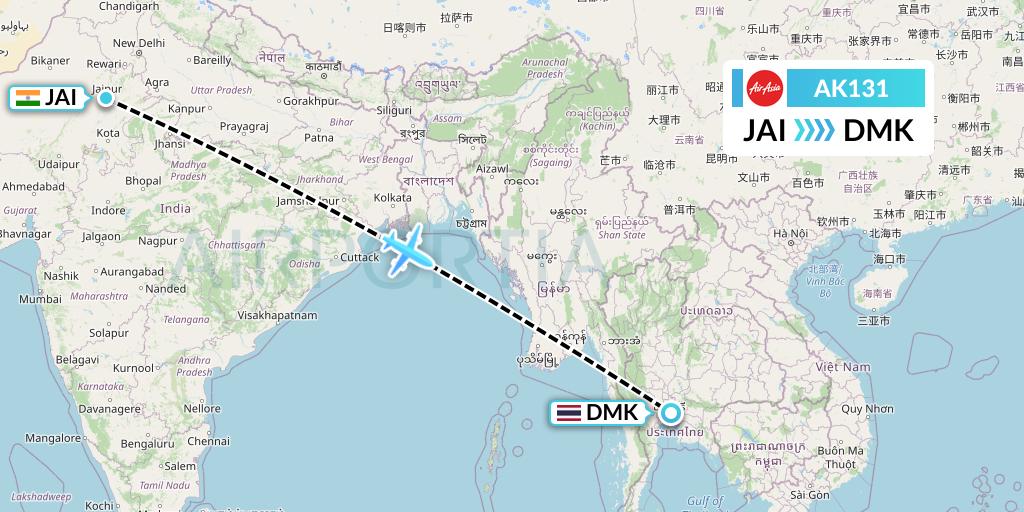 AK131 AirAsia Flight Map: Jaipur to Bangkok