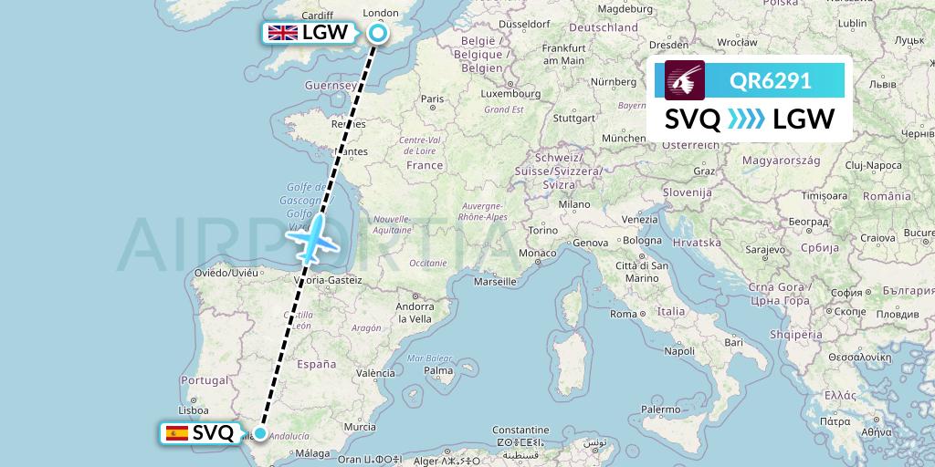 QR6291 Qatar Airways Flight Map: Seville to London