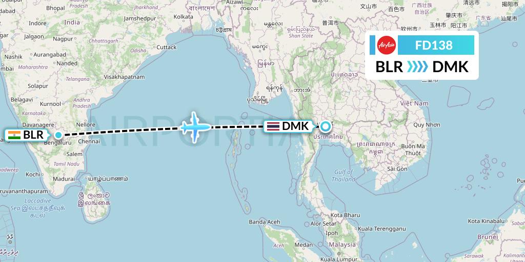 FD138 Thai AirAsia Flight Map: Bangalore to Bangkok