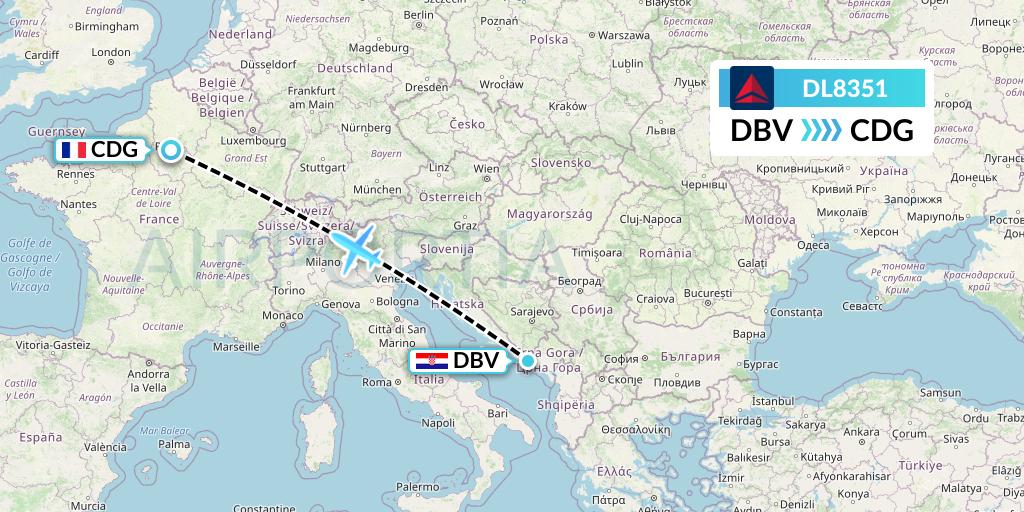 DL8351 Delta Air Lines Flight Map: Dubrovnik to Paris