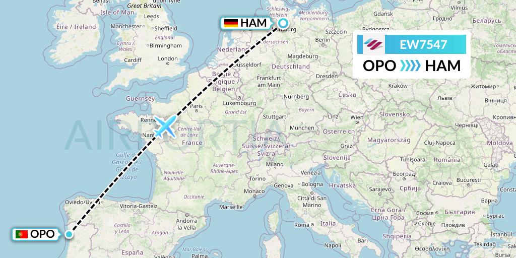 EW7547 Eurowings Flight Map: Porto to Hamburg