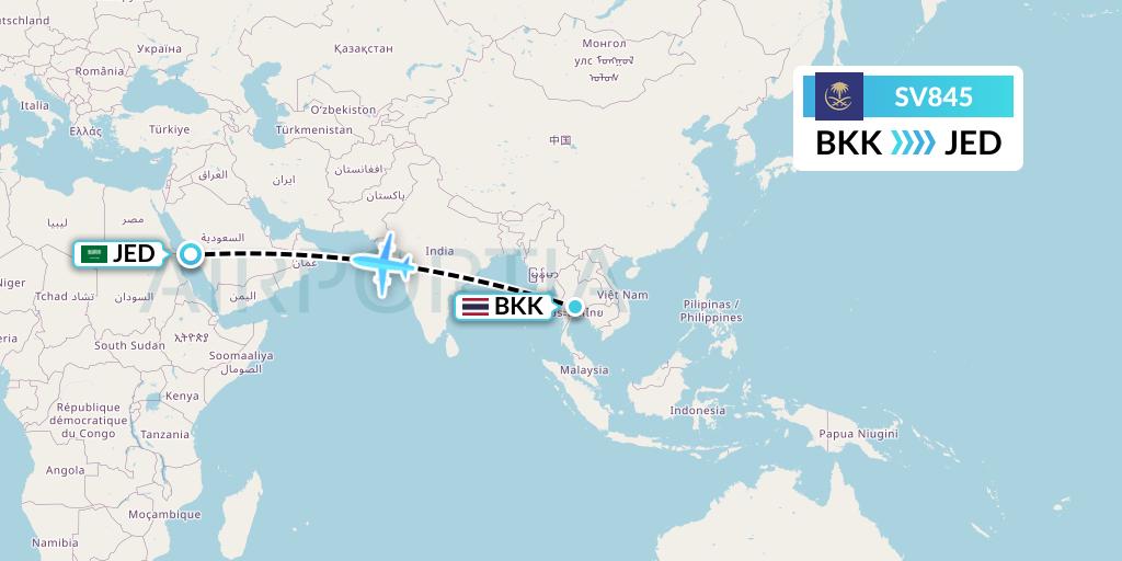 SV845 Saudi Arabian Airlines Flight Map: Bangkok to Jeddah