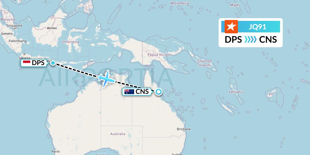 JQ91 Jetstar Airways Flight Map: Denpasar to Cairns