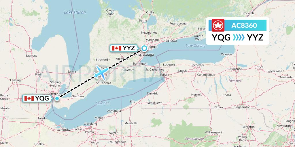 AC8360 Air Canada Flight Map: Windsor to Toronto
