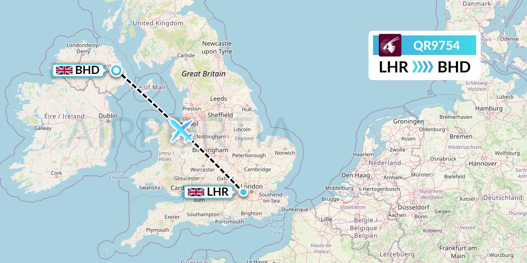 QR9754 Qatar Airways Flight Map: London to Belfast