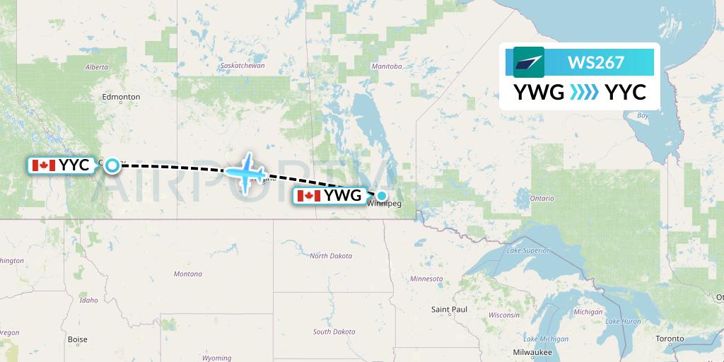 WS267 WestJet Flight Map: Winnipeg to Calgary