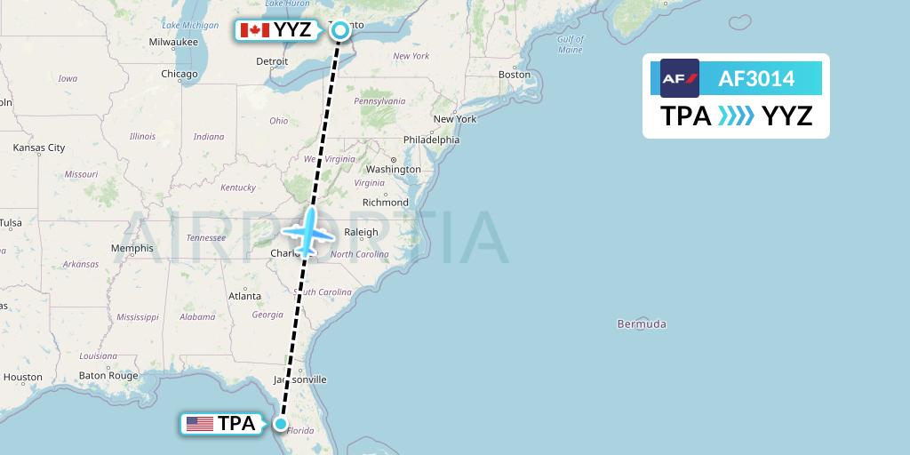 AF3014 Air France Flight Map: Tampa to Toronto