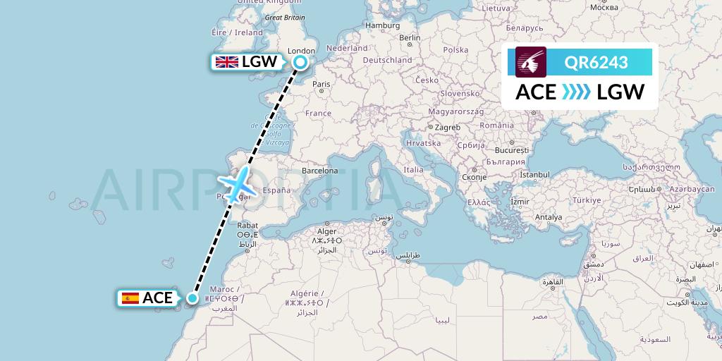 QR6243 Qatar Airways Flight Map: Lanzarote to London