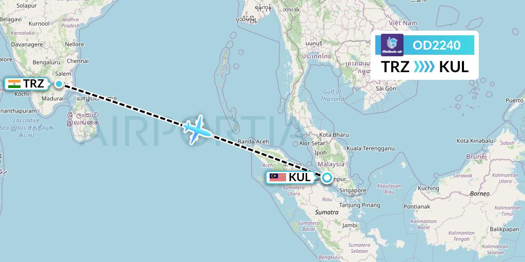 OD2240 Batik Air Malaysia Flight Map: Tiruchirapalli to Kuala Lumpur