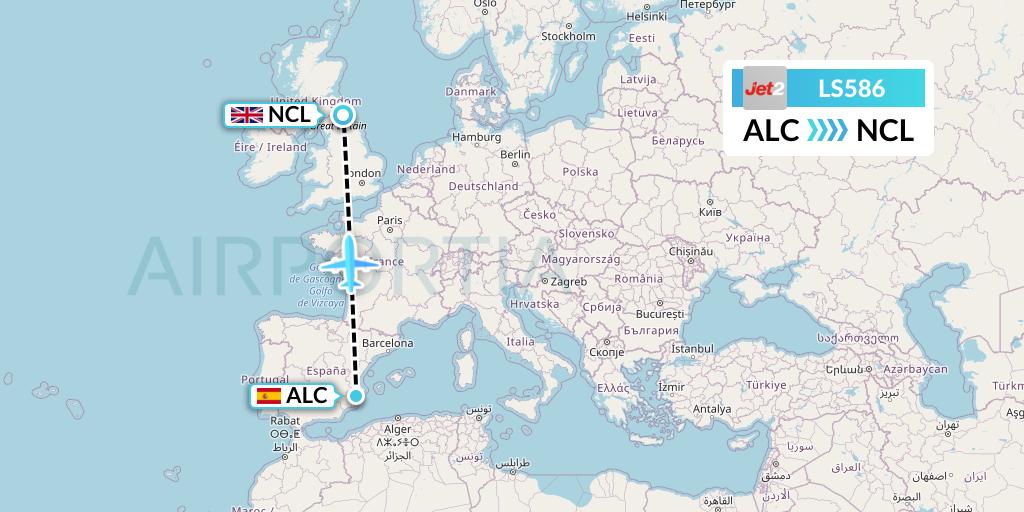 LS586 Jet2 Flight Map: Alicante to Newcastle