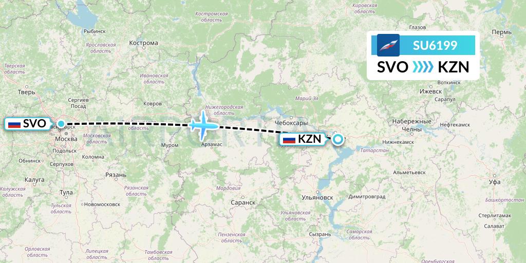 SU6199 Aeroflot Flight Map: Moscow to Kazan