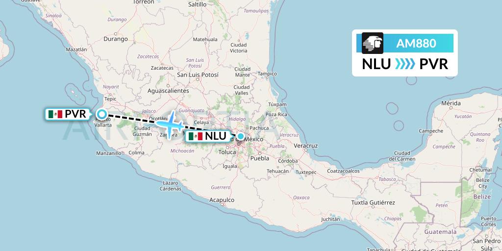 AM880 Aeromexico Flight Map: Reyes Acozac to Puerto Vallarta