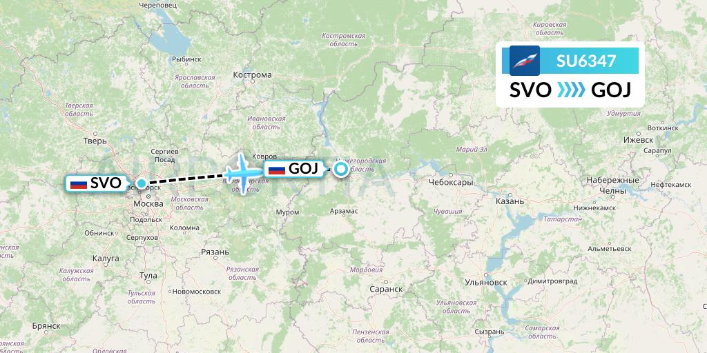 SU6347 Aeroflot Flight Map: Moscow to Nizhny Novgorod