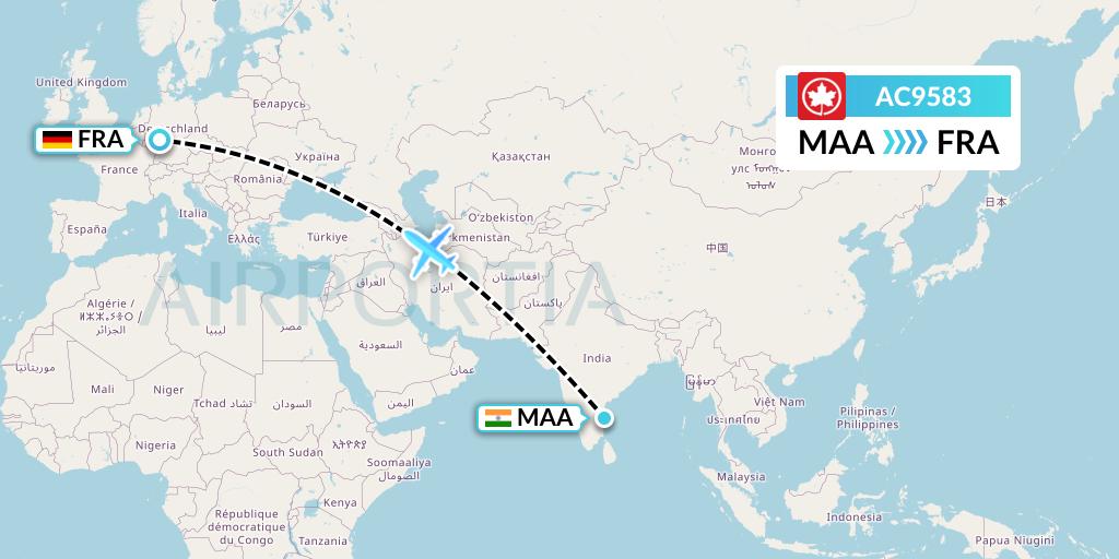 AC9583 Air Canada Flight Map: Chennai to Frankfurt