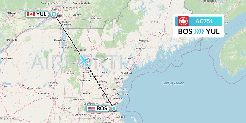 AC751 Air Canada Flight Map: Boston to Montreal