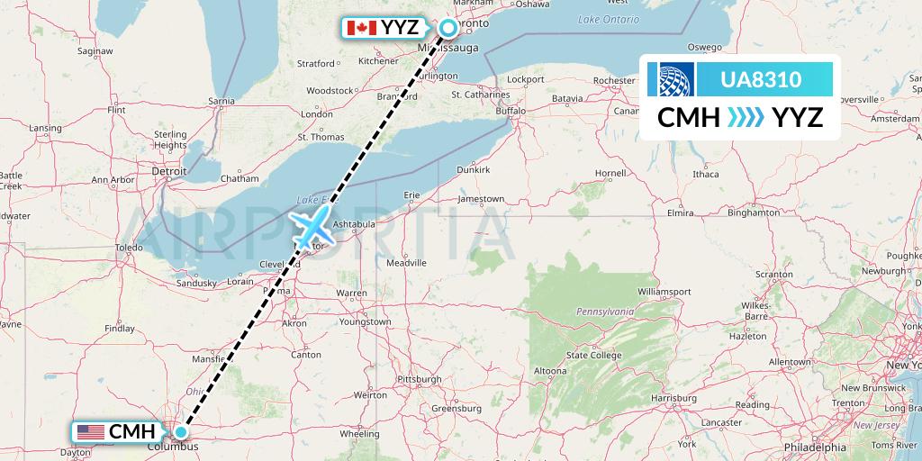UA8310 United Airlines Flight Map: Columbus to Toronto