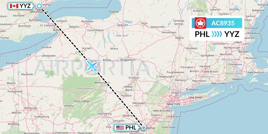 AC8935 Air Canada Flight Map: Philadelphia to Toronto