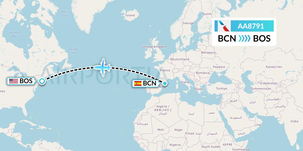 AA8791 American Airlines Flight Map: Barcelona to Boston