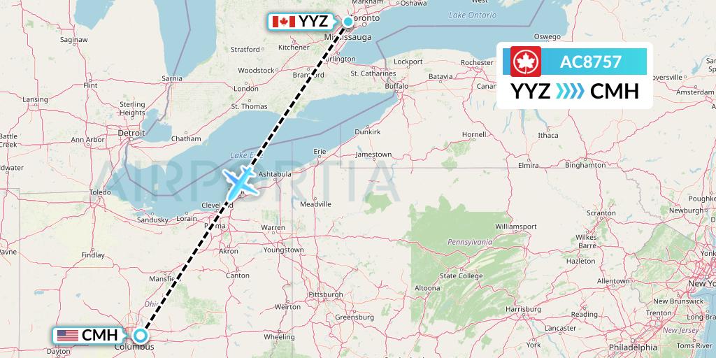 AC8757 Air Canada Flight Map: Toronto to Columbus