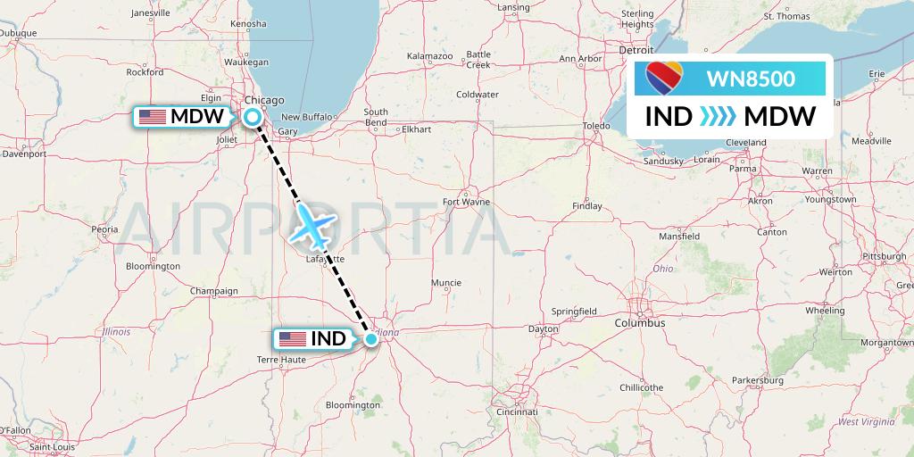 WN8500 Southwest Airlines Flight Map: Indianapolis to Chicago