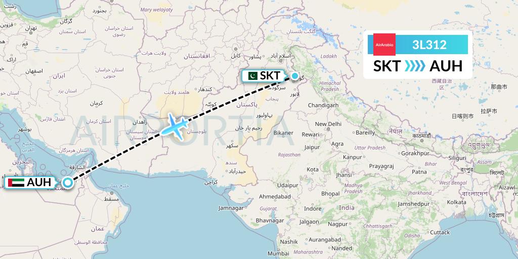 3L312 Air Arabia Abu Dhabi Flight Map: Sialkot to Abu Dhabi