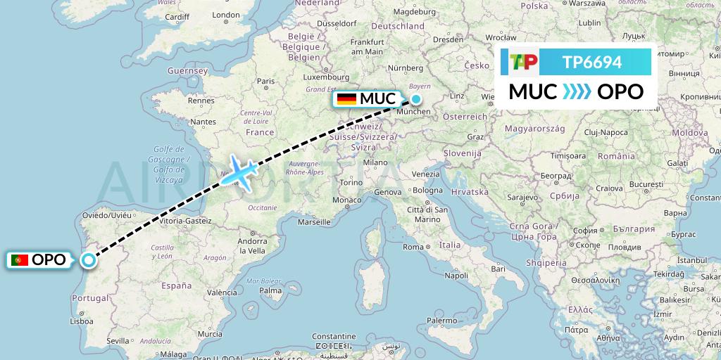 TP6694 TAP Portugal Flight Map: Munich to Porto