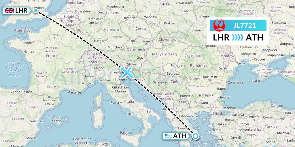 JL7721 Japan Airlines Flight Map: London to Athens