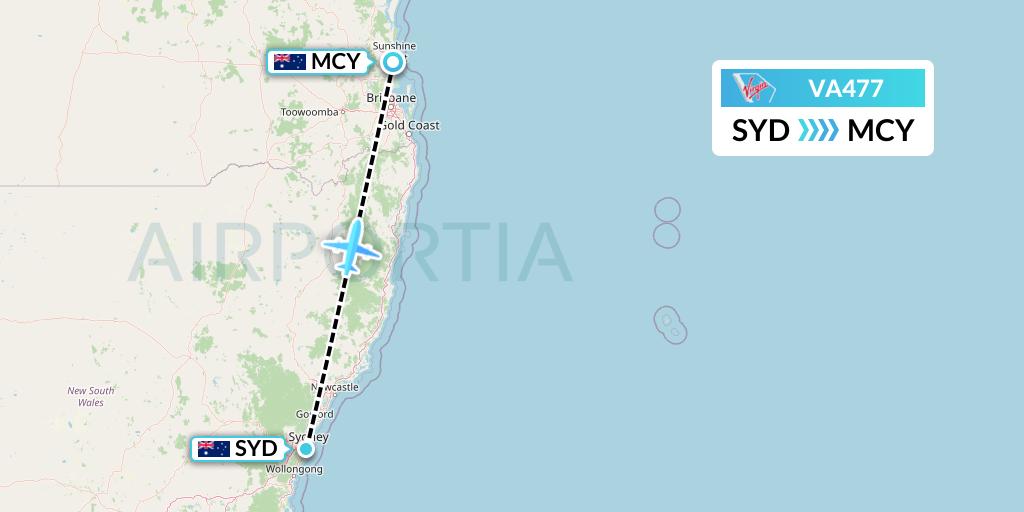 VA477 Virgin Australia Flight Map: Sydney to Sunshine Coast