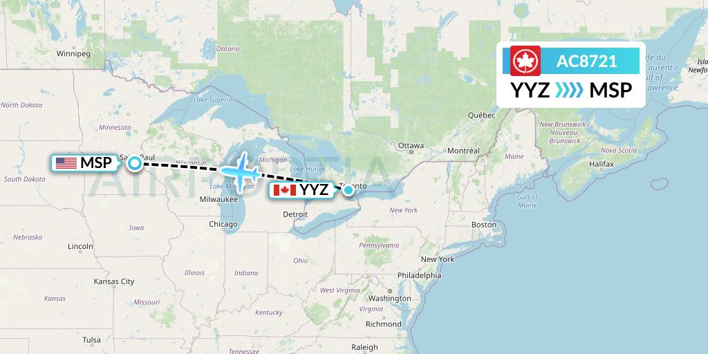 AC8721 Air Canada Flight Map: Toronto to Minneapolis