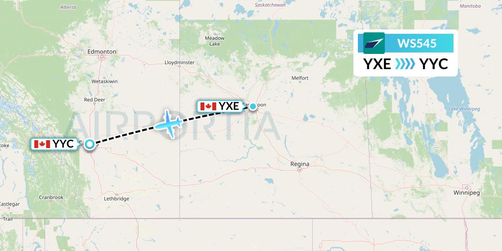 WS545 WestJet Flight Map: Saskatoon to Calgary