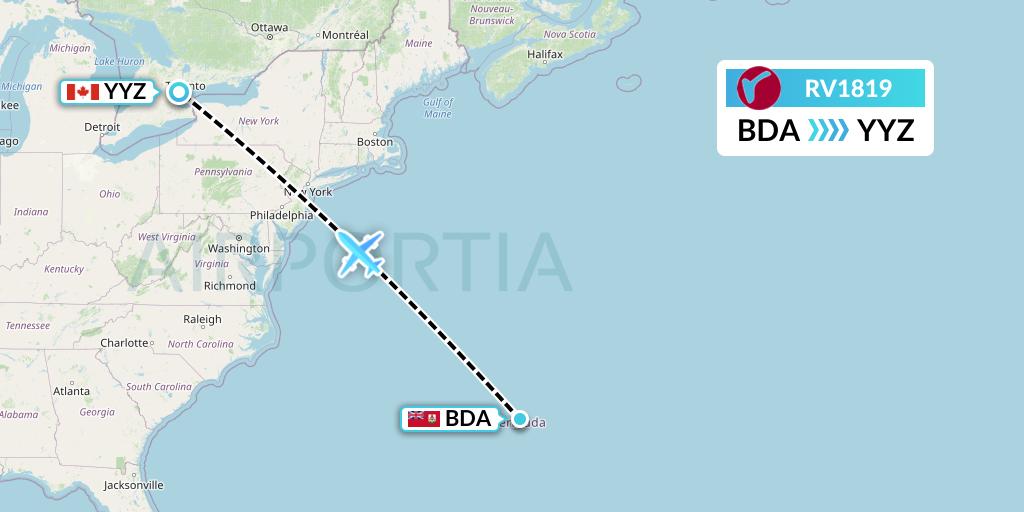RV1819 Air Canada Rouge Flight Map: Bermuda to Toronto