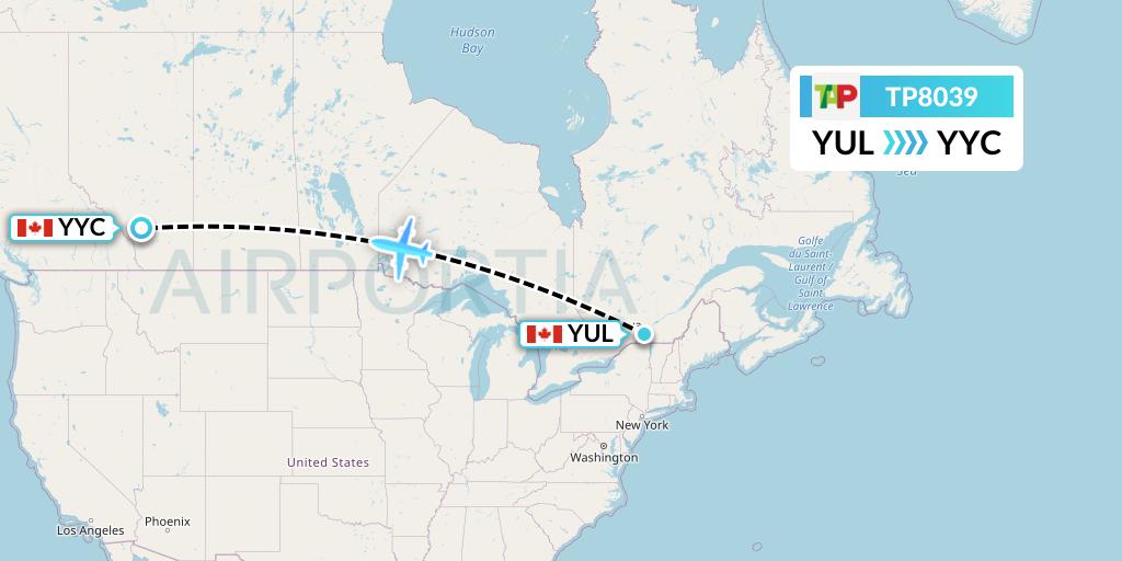 TP8039 TAP Portugal Flight Map: Montreal to Calgary