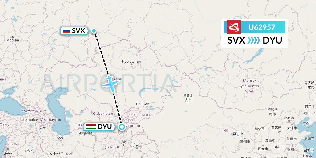 U62957 Ural Airlines Flight Map: Yekaterinburg to Dushanbe