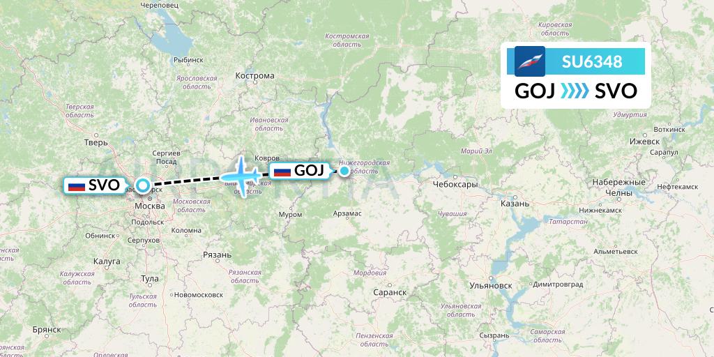 SU6348 Aeroflot Flight Map: Nizhny Novgorod to Moscow