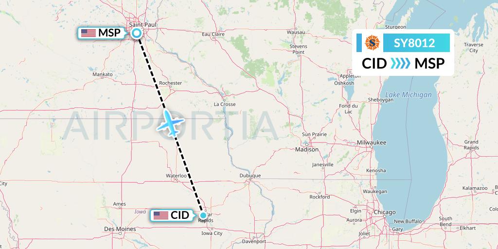 SY8012 Sun Country Airlines Flight Map: Cedar Rapids to Minneapolis