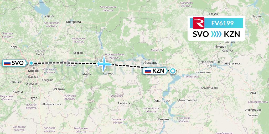 FV6199 Rossiya Flight Map: Moscow to Kazan