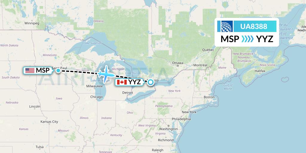 UA8388 United Airlines Flight Map: Minneapolis to Toronto