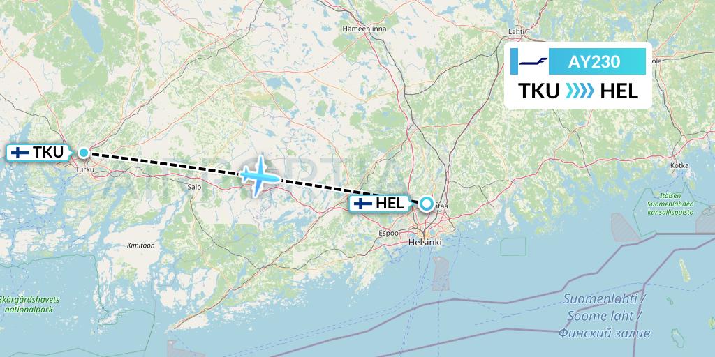 AY230 Finnair Flight Map: Turku to Helsinki