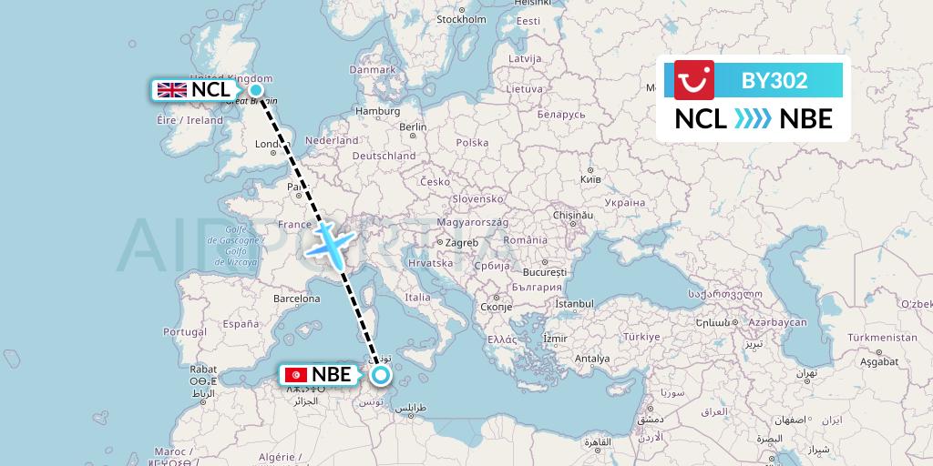 BY302 TUI Airways Flight Map: Newcastle to Enfidha