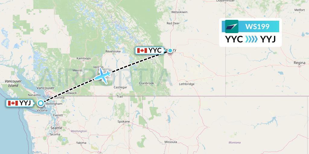 WS199 WestJet Flight Map: Calgary to Victoria