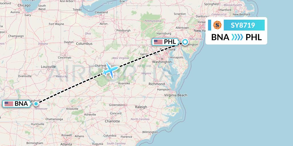 SY8719 Sun Country Airlines Flight Map: Nashville to Philadelphia