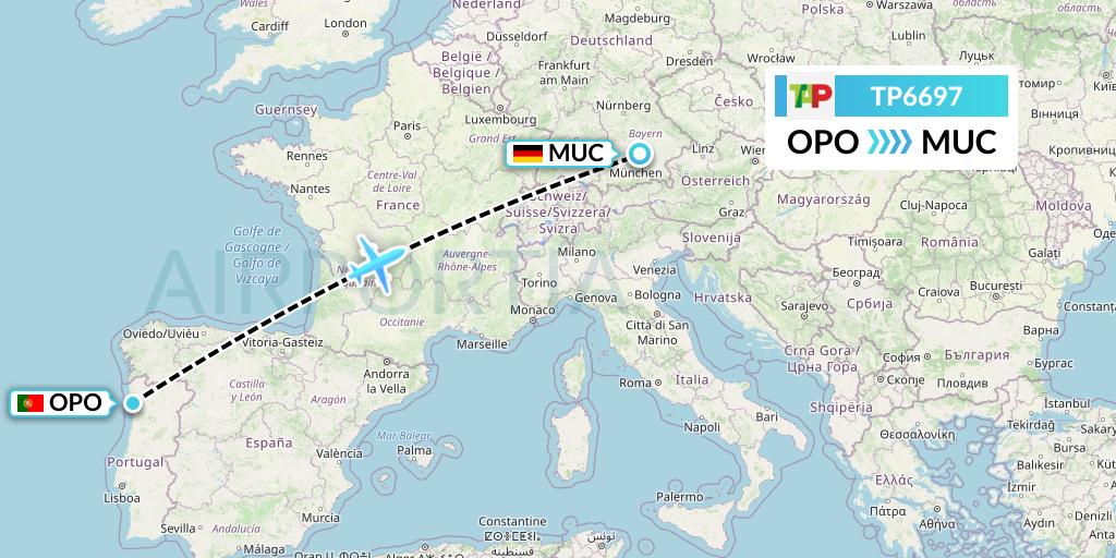 TP6697 TAP Portugal Flight Map: Porto to Munich