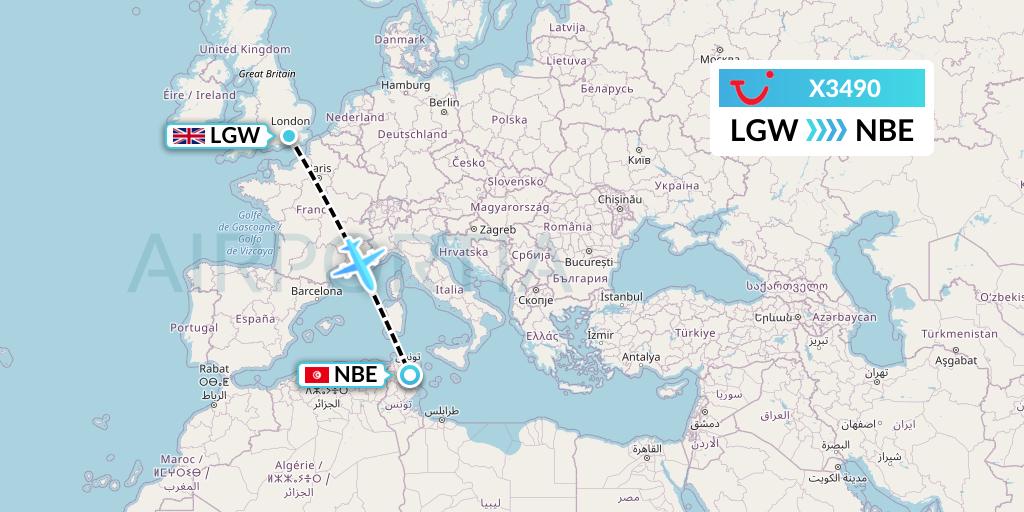 X3490 TUI fly Germany Flight Map: London to Enfidha
