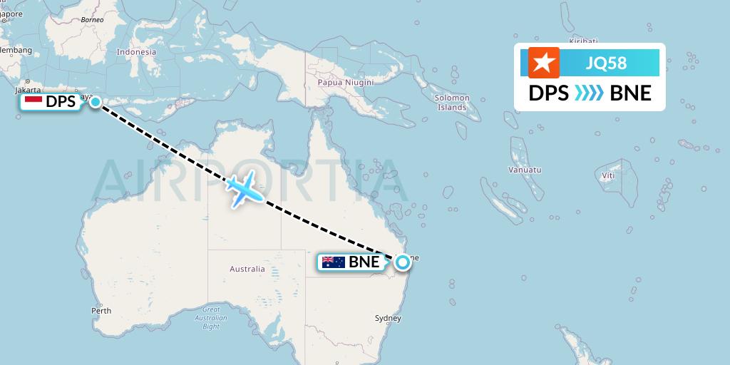 JQ58 Jetstar Airways Flight Map: Denpasar to Brisbane