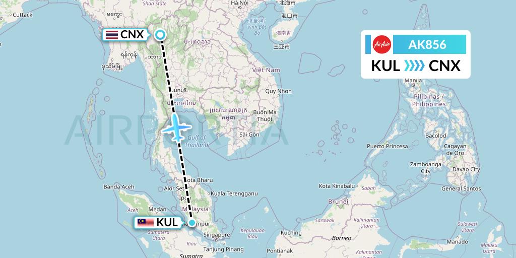 AK856 AirAsia Flight Map: Kuala Lumpur to Chiang Mai