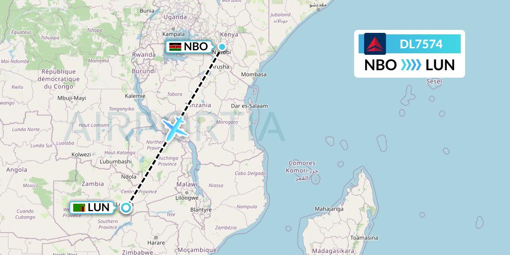 DL7574 Delta Air Lines Flight Map: Nairobi to Lusaka